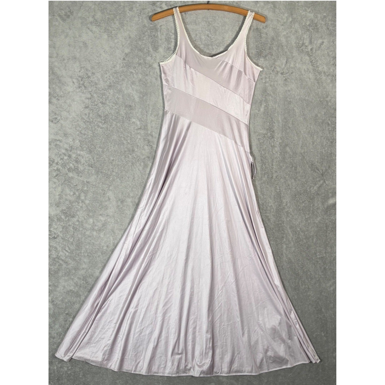 Vintage Lavender Satin Maxi Slip Dress Lace Trim Purple Ethereal Dainty Size S