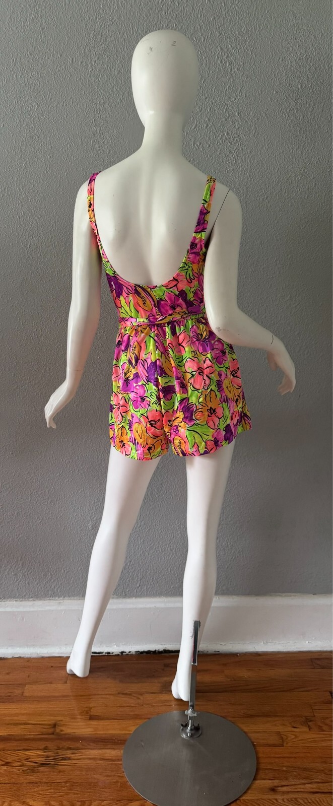 Vintage 80 Neon Colorful Pin Up RETRO Floral Romper Playsuit Swimsuit M