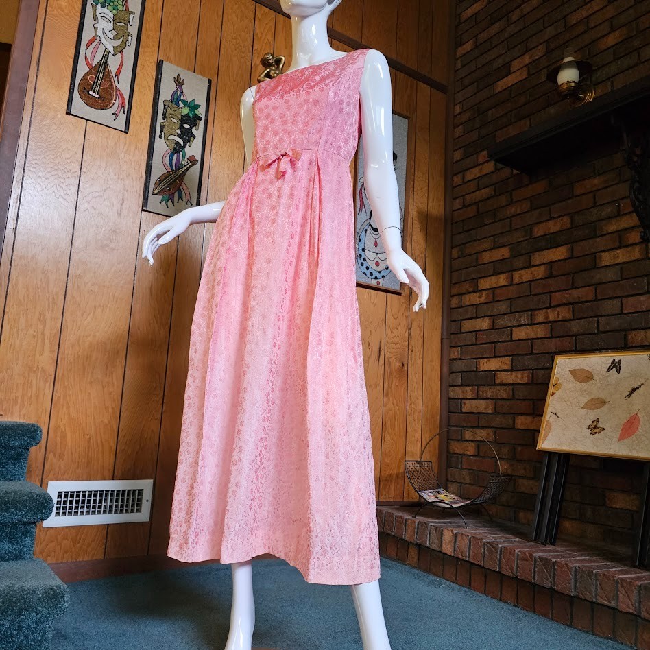 Vtg 60s Pink Brocade Empire Sleeveless Bridesmaid Formal Party Maxi Dress XS/S