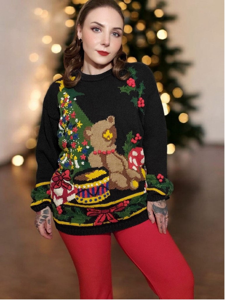 Vintage 1980s Teddy Bear Christmas Tree Ugly Sweater Hand Knit