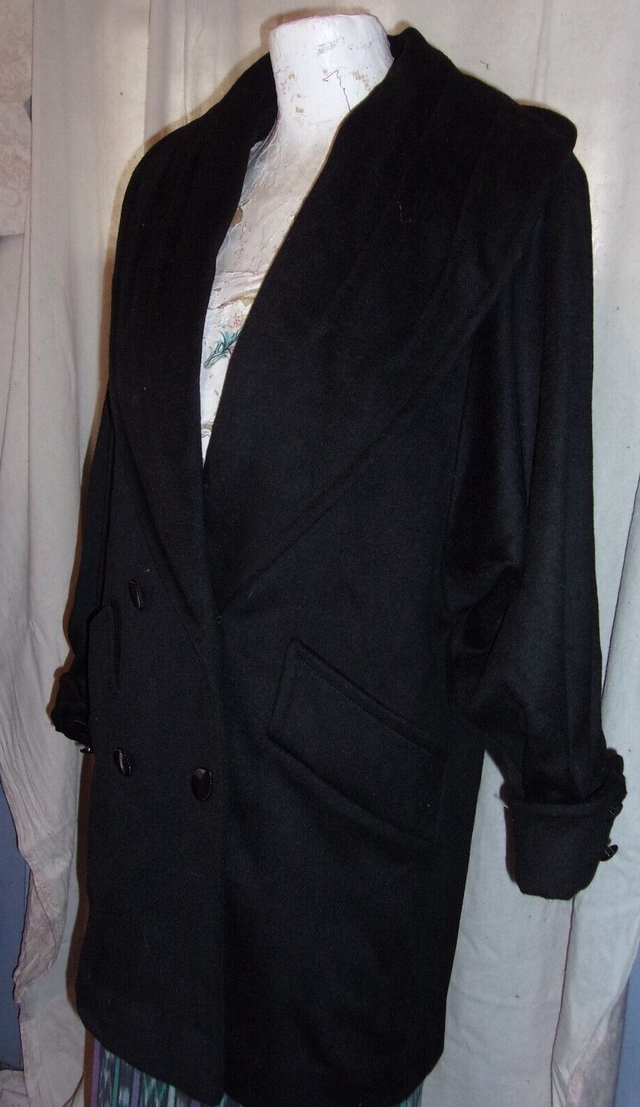 Vintage Womens Herman Kay Winter 3/4 Length Coat Wool Shawl Collar Double-Breast