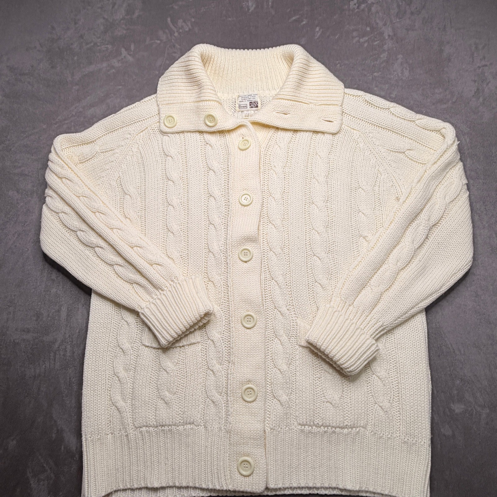 VTG Sears Cardigan Sweater Womens Large Cream Cable Knit Shawl Collar 4502