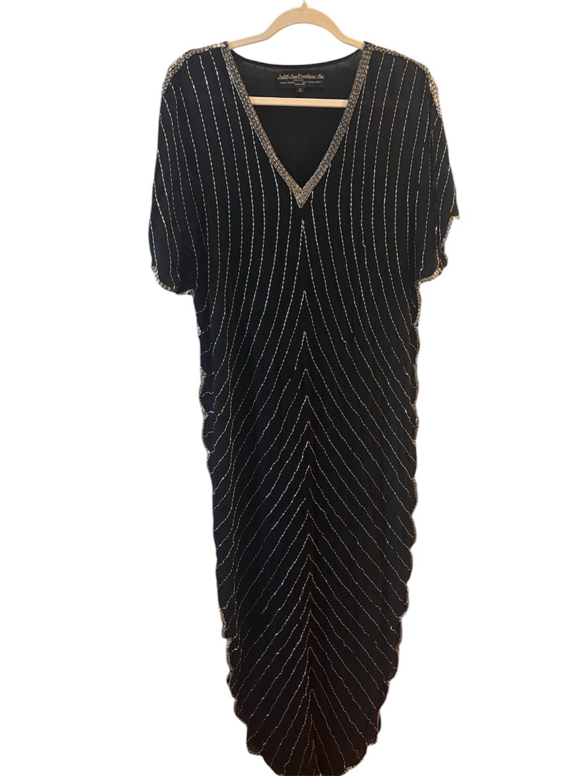 1980s Judith Ann Creations Silk Sparkle Dress Beaded Caftan Scalloped Hem VTG