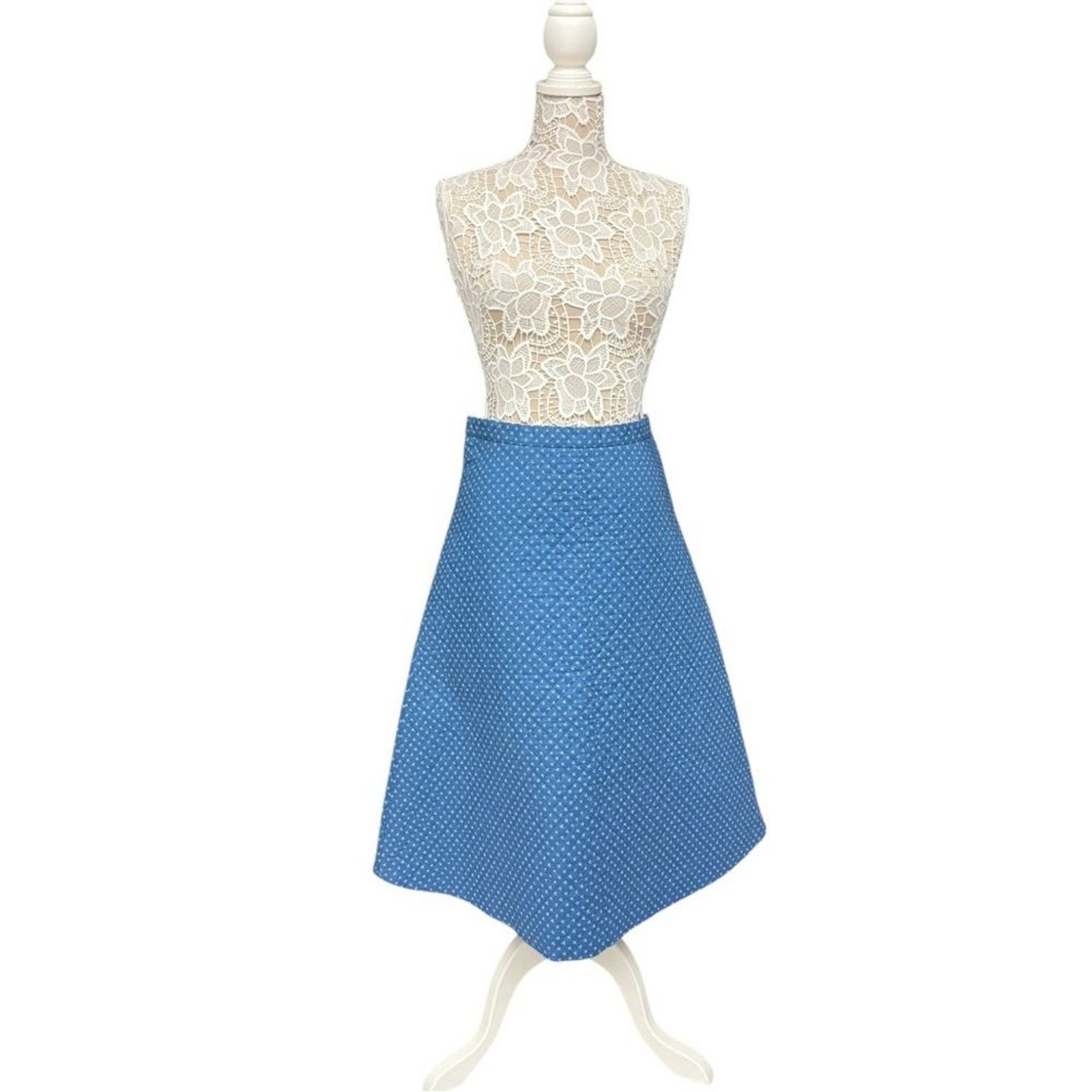 Vintage 70s Blue Quilted A-Line Skirt Handmade Medium fit Polka Dot Cute Retro