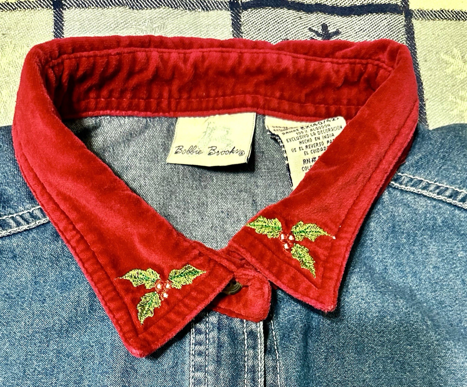 Bobbie Brooks Denim Shirt Christmas Appliqué Snowman Holly Vtg 16/18W Button Y2K