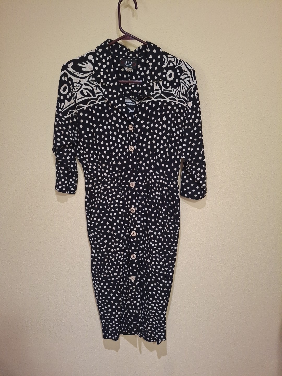 Vtg 80-90s JSJ Petite Button Up Sheath Pencil Dress Midi Black Polka Dot Rayon S