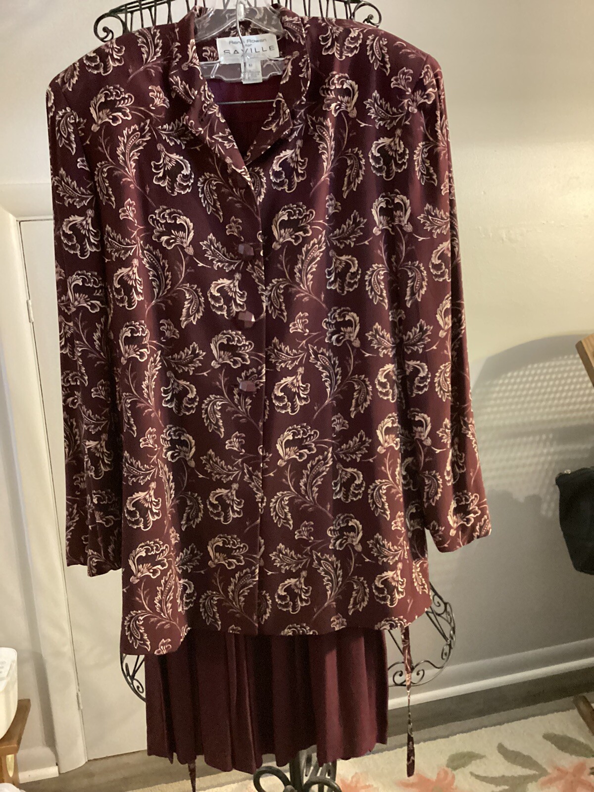 Vintage 2 Piece Women’s Suit Rena Rowan For Seville Sz 12 Burgundy Solid & Print
