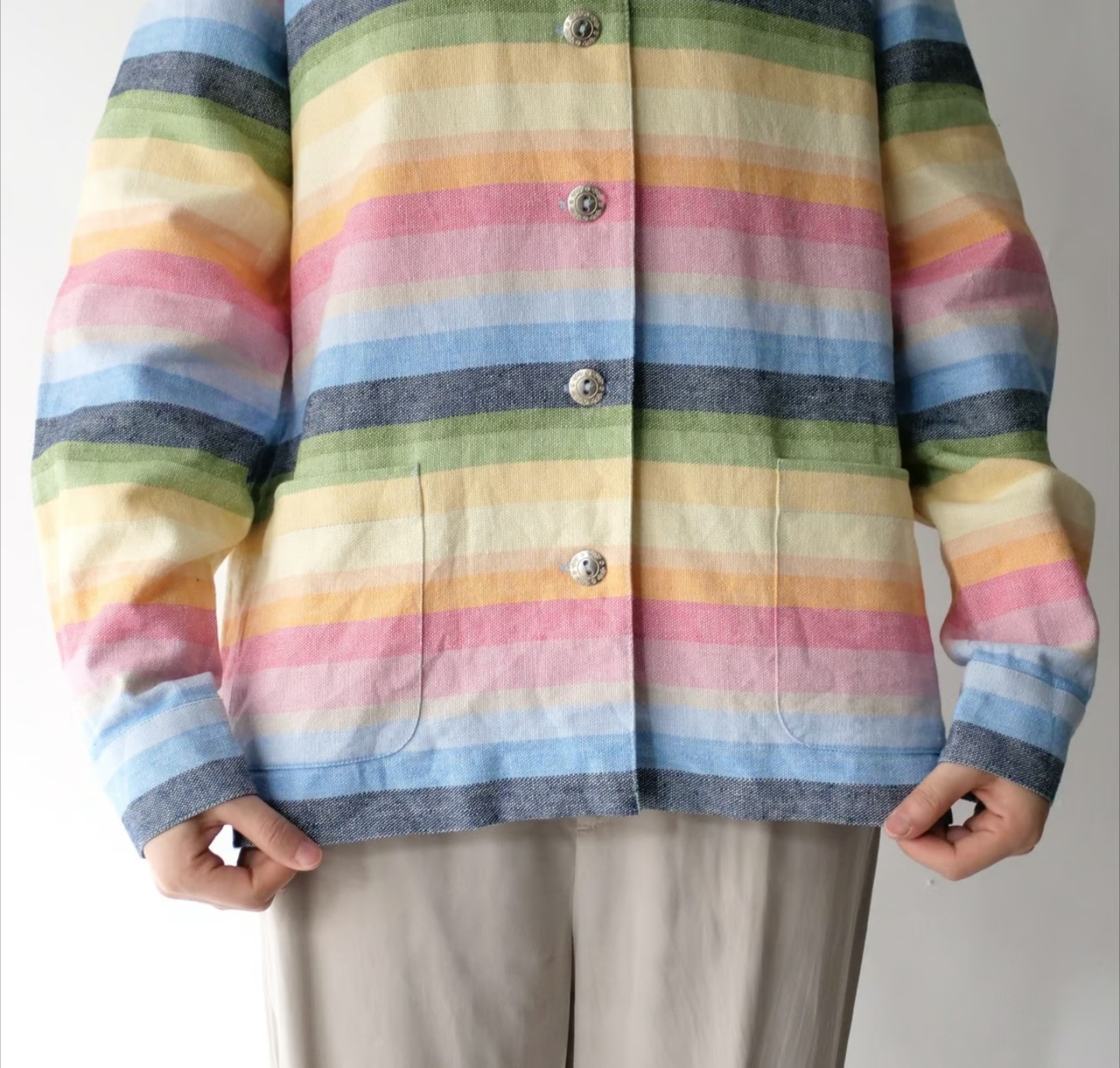 Retro Pastel Rainbow Strip Linen Blend Shirt Jacket 18 Pocket Festival Coachella