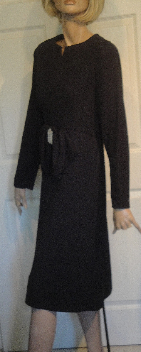 Vintage Black Cocktail Dress Rhinestone Buckle Bow Textured Weave B40