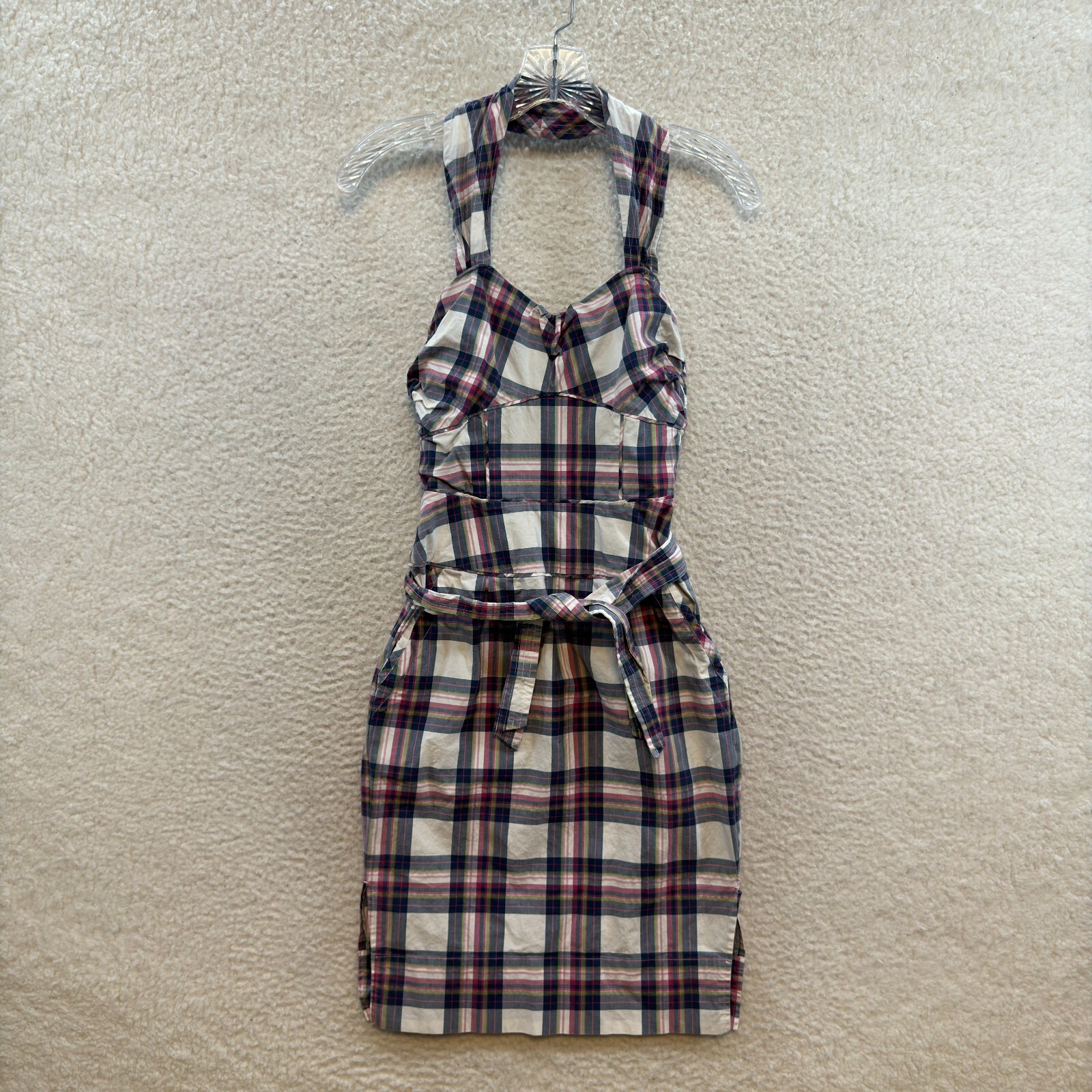 Y2K Vintage Halter Mini Dress 0 2 XS Tartan Plaid Bustier Mod Western Pockets