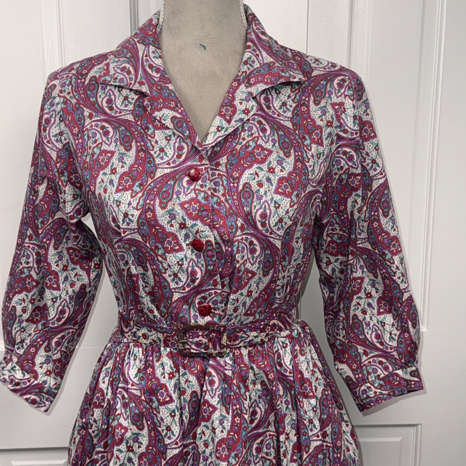 1950’s Handmade Cotton Shirt Dress Fit & Flare Paisley Pockets Medium Belted
