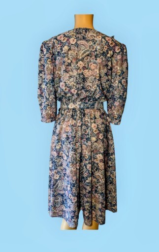 CALIFORNIA LOOKS Vintage Floral MAUVE Navy Puff Sleeve Dress MODEST 6 Petite