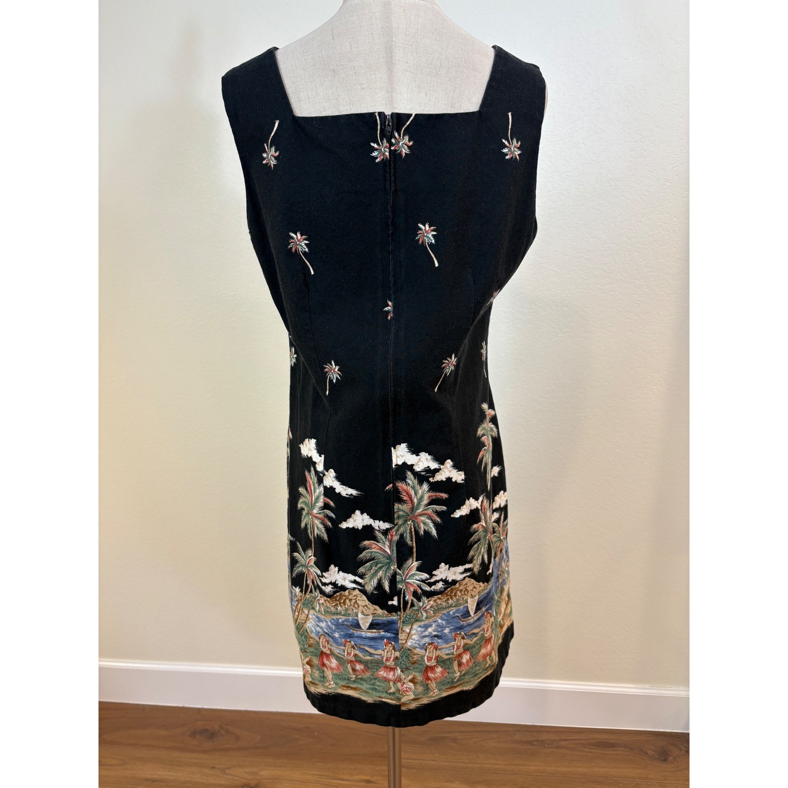 Vtg 90s Shannon Marie Shift Dress Womens XL/14 Black Hawaiian Hula Print