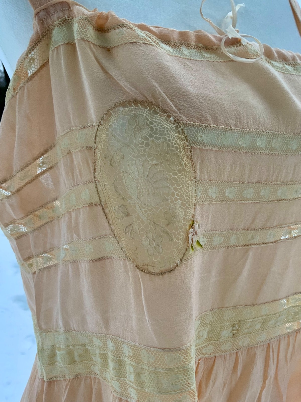 Circa 1912–1918 Blush Pink Silk Chiffon Teddy with Antique Lace – Edwardian Silk