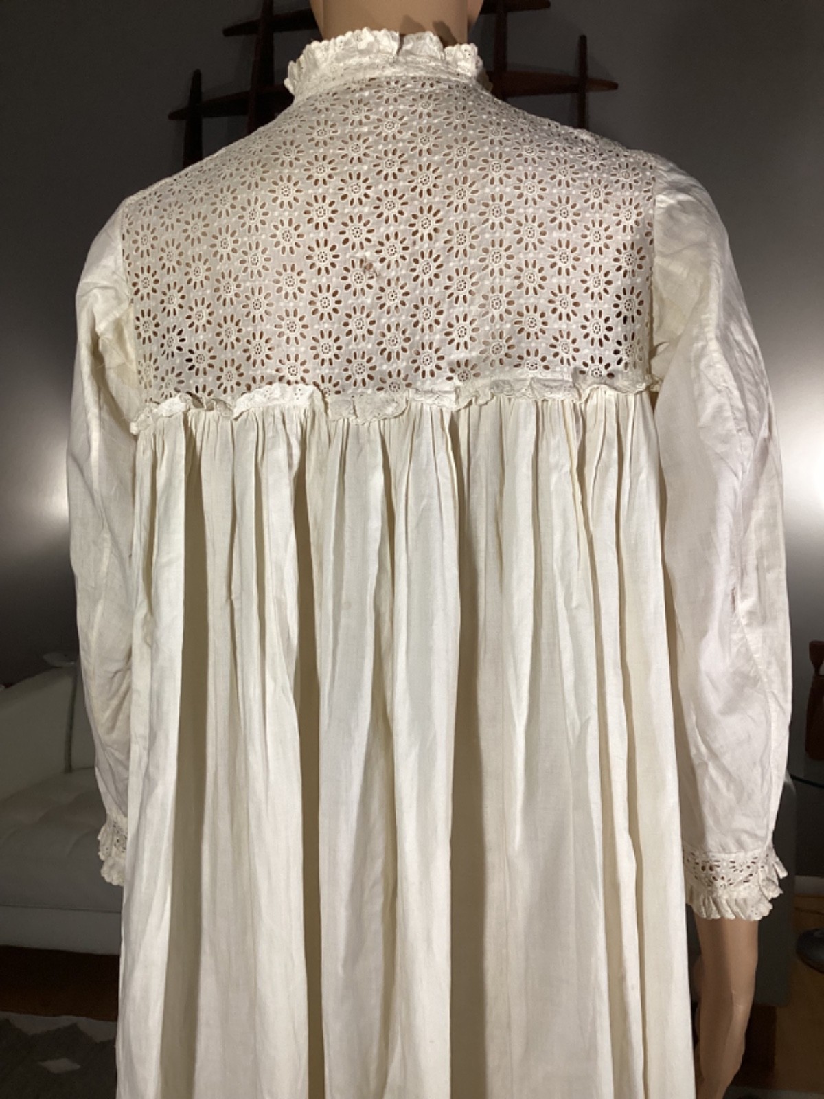 Antique Victorian Edwardian Cotton Eyelet Lace Long Nightgown Glass Buttons