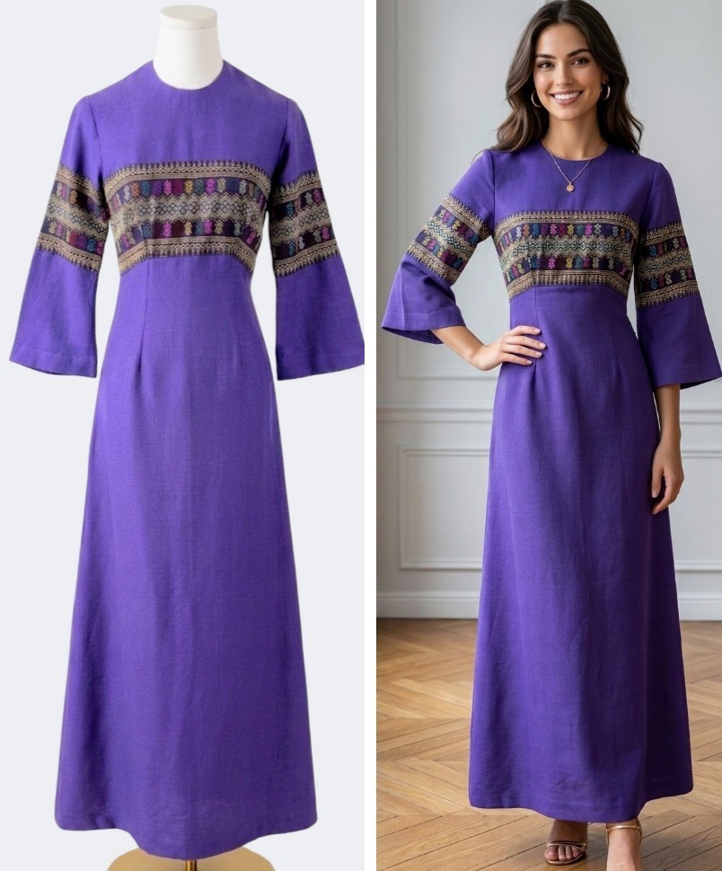 Vintage 70’s Bohemian Tapestry Bell Sleeves Empire Maxi Dress XS Renaissance