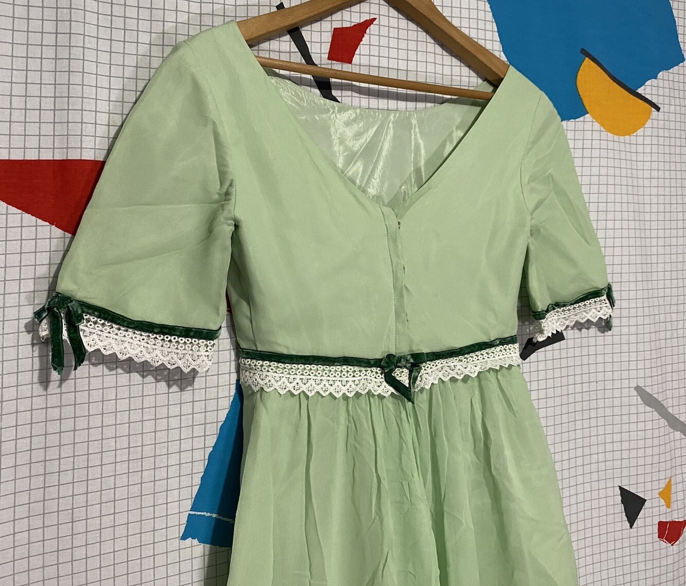 Vintage 50s Silk Chiffon Dress Green Lace Organza Velvet Ribbon 60s Maxi