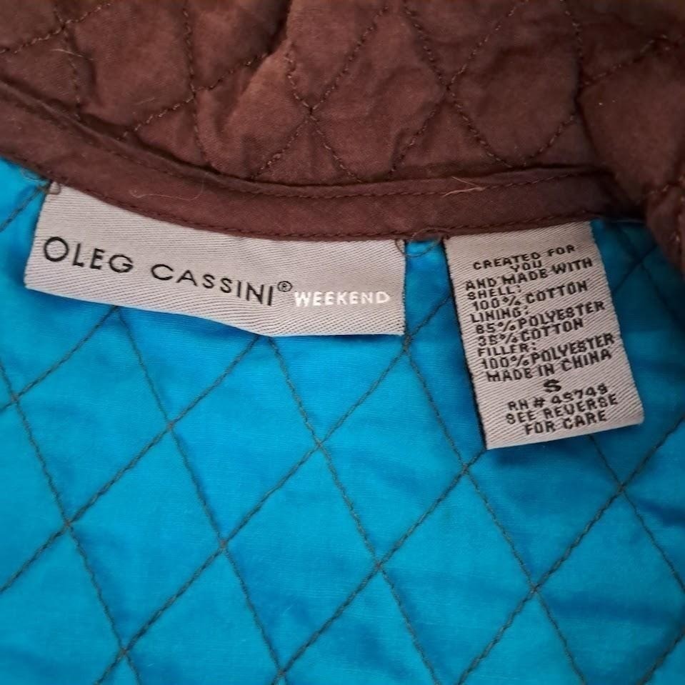 Vtg 90s OLEG CASSINI Weekend S Quilted Jacket Brown Turquoise Snap Front Cropped