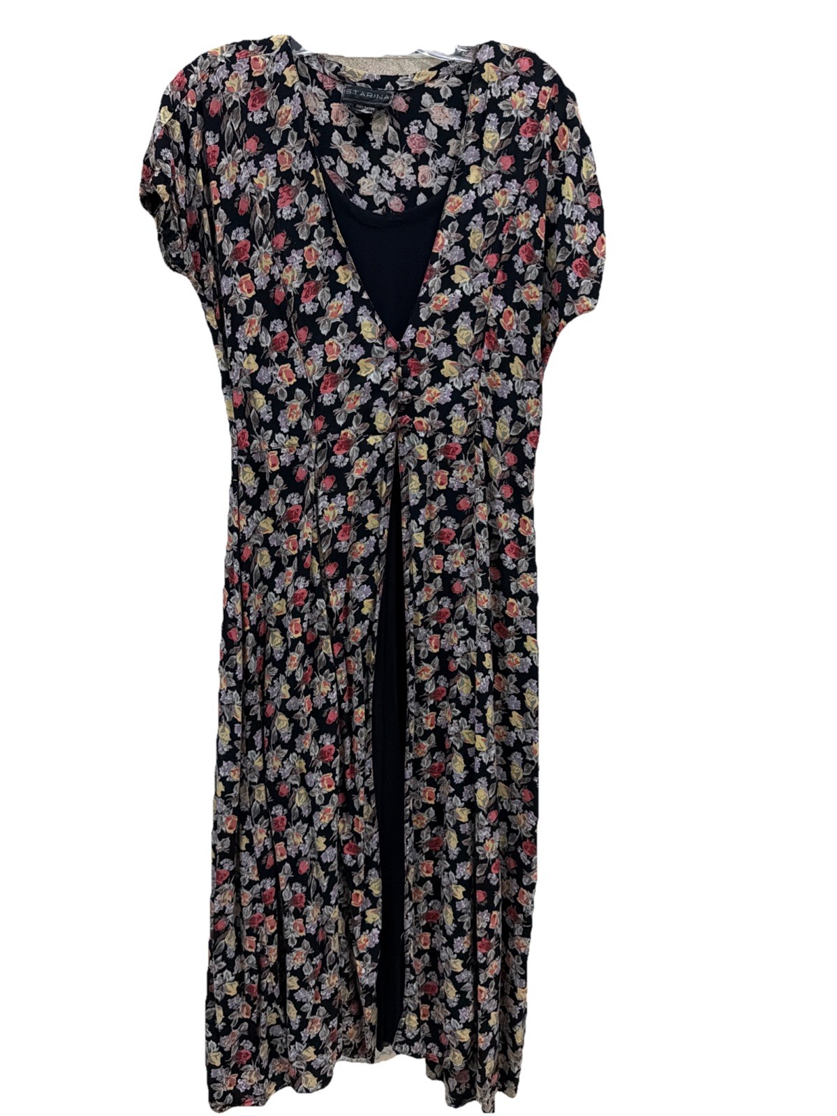 Vintage Starina Dress S Black Floral Romatic Retro Pinafore Button Up Fit Flare