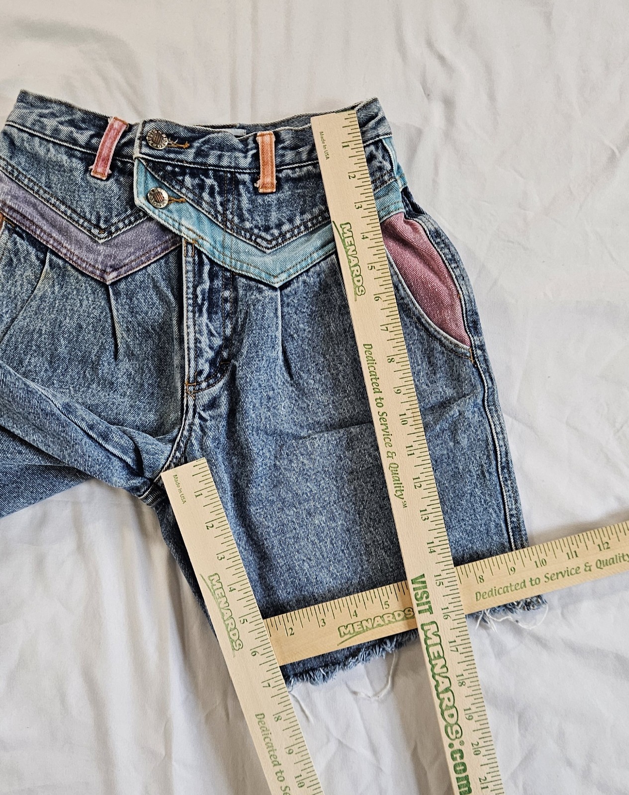 Vtg 80s Nuovo County Seat Colorblock Denim Shorts Cutoff Pleated High Rise 7/8