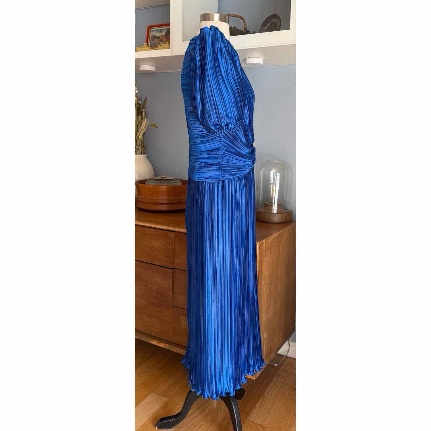 Vintage 80’s Nuit Pleated Cocktail Party Dress Puff Sleeves Blue Rhinestone 6
