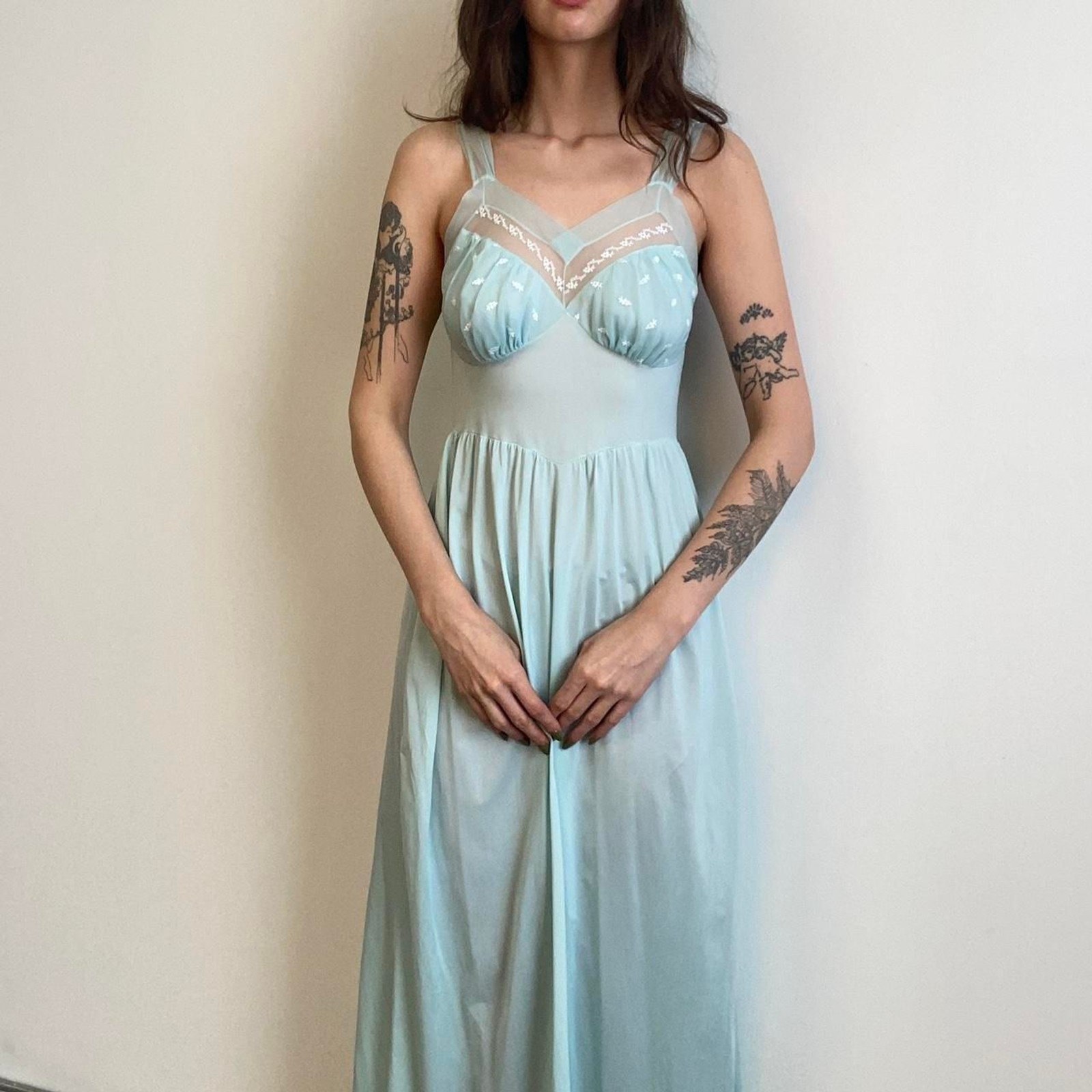 1960s nylon baby blue maxi lingerie slip dress ( 17in ptp, 28in waist)