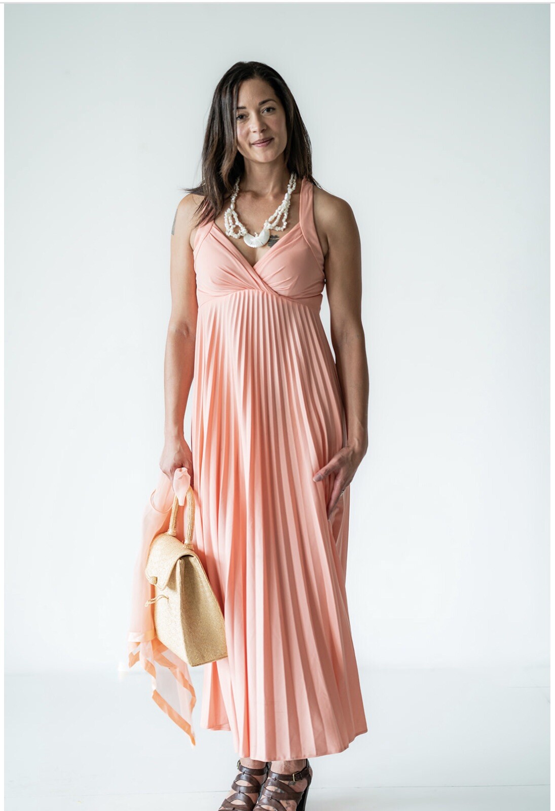 Vintage 70’s Peach Accordion Dress With Chiffon Caplet