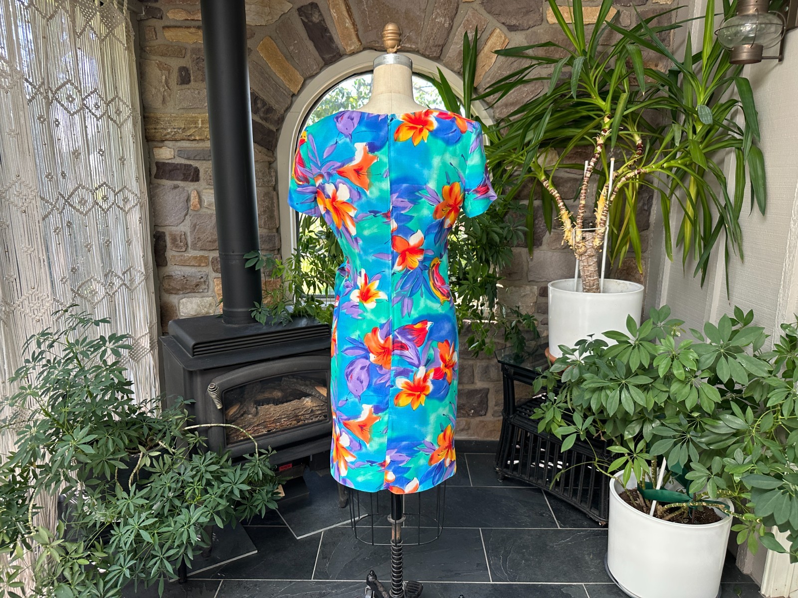 Vintage 1990s Blue and Orange Rayon Floral Sarong Style Dress K C Spencer