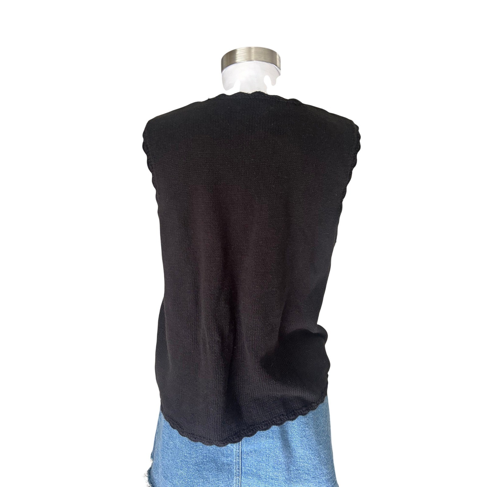 Vintage Halloween Knit Vest Medium Black Harvest Bear Pumpkin Patchwork Buttons