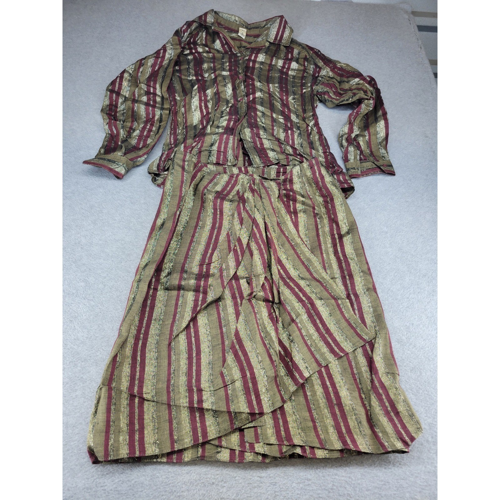 Vintage Anne Klein Metallic Lurex Striped Skirt Set Medium ILGWU USA Made Gold