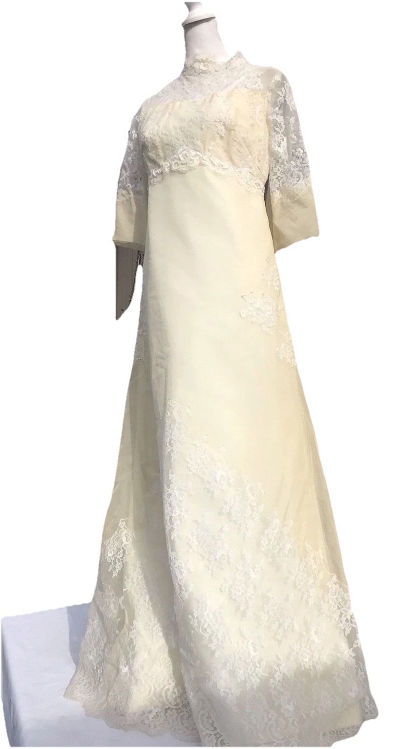 Vtg 60s 70s Lace Cream Wedding Gown Dress Edythe Vincent Alfred Angelo Boho S M