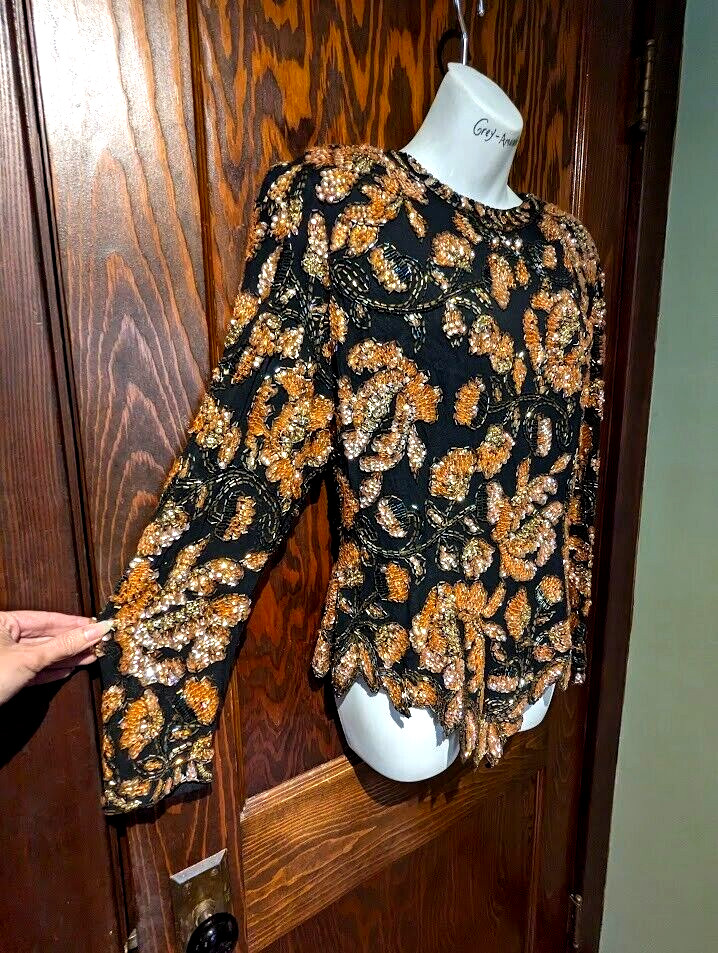 Black Tie by He-Ro orange black Beaded Sequined Blouse 100% Silk Sz 12 L Top 4C