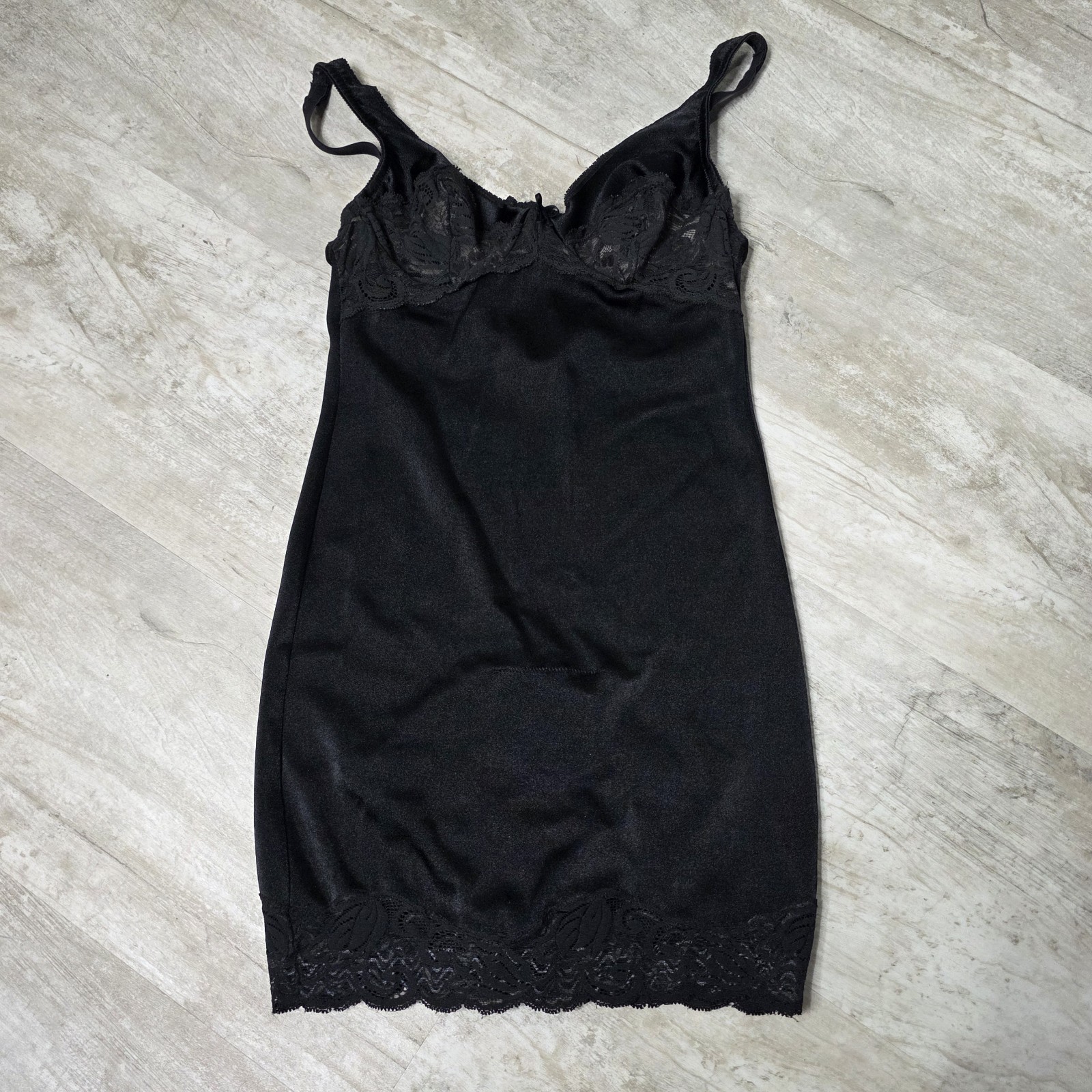 Vintage Vanity Fair Black Slip Dress Fitted Nylon Spandex Size 34