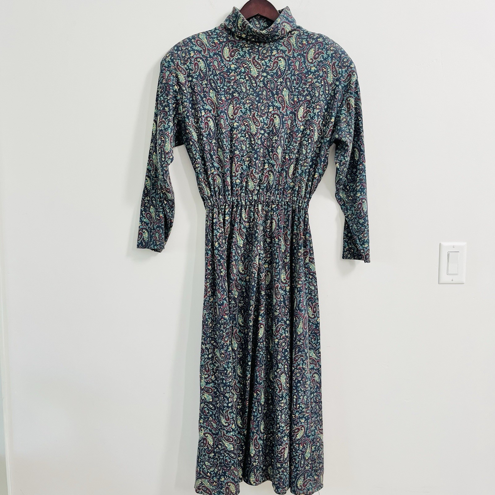 Vintage 90s Fads Paisley Turtleneck Long Sleeve Full Length Dress Blue Sz Large