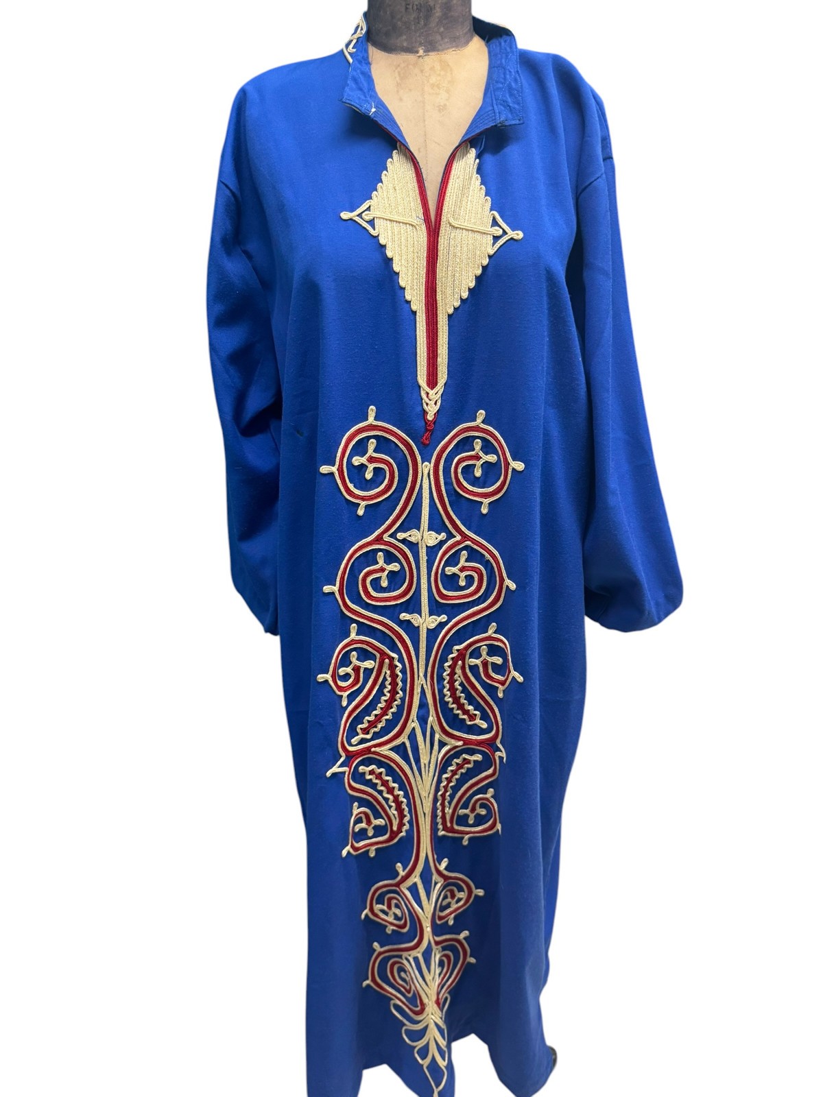 Vintage Egyptian Royal Blue With Red White Embroidery Cotton Caftan / Galabeya L