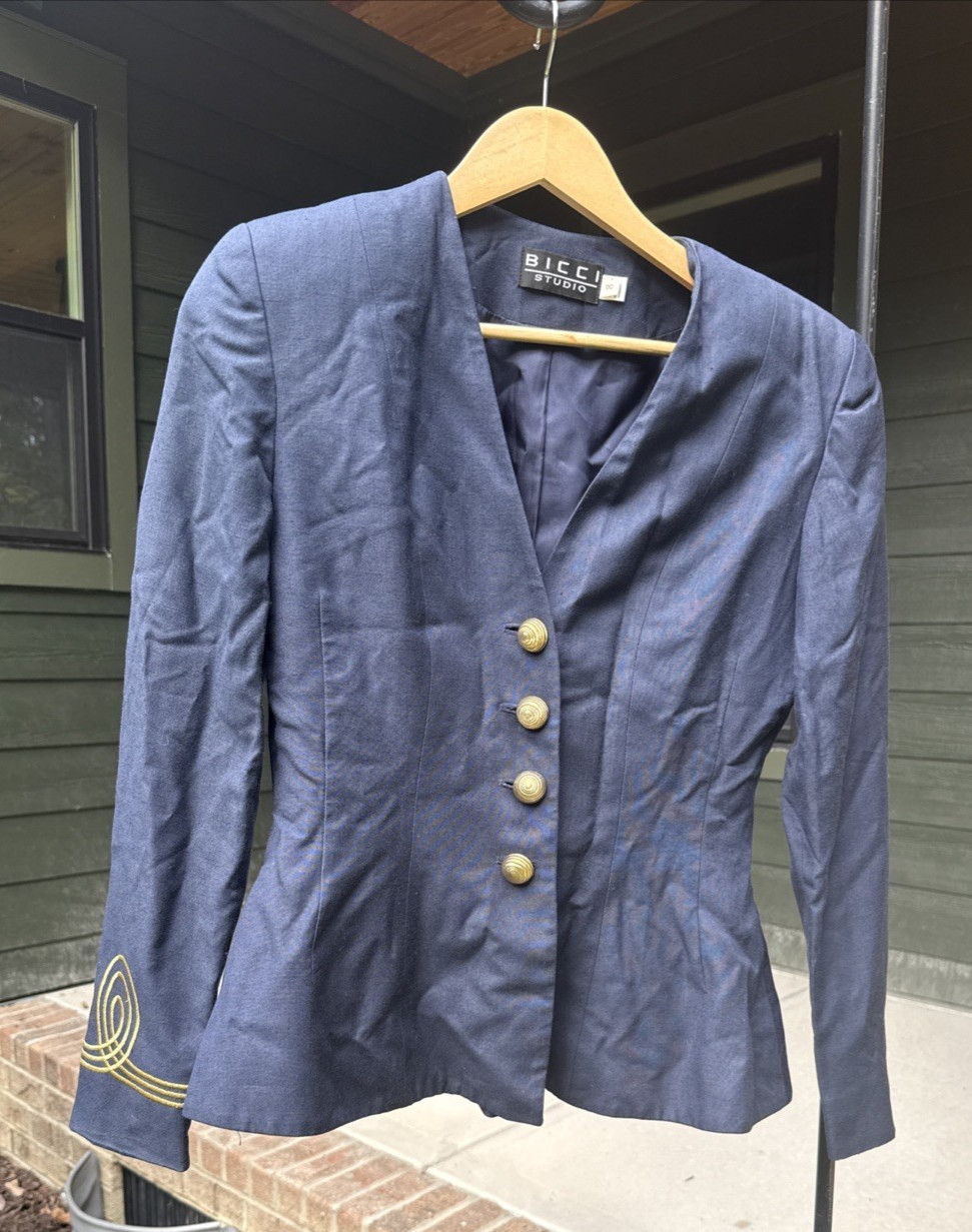 Vintage Navy Woman’s Waist Flare Jacket Sz 8 Bucci Studio Military Old Hollywood