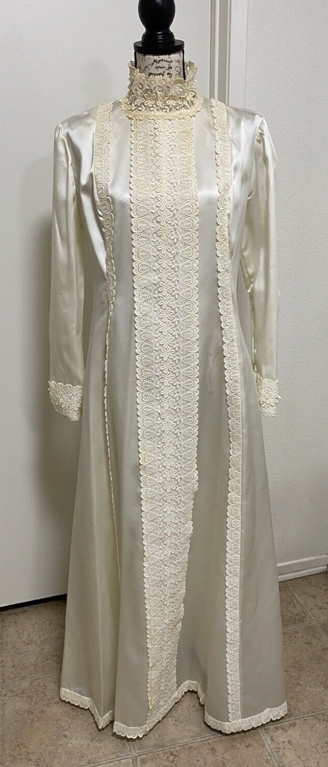 Vintage Dress Cream Long Satin Lace 60s 70s Mock Neck Victorian Wedding Romantic