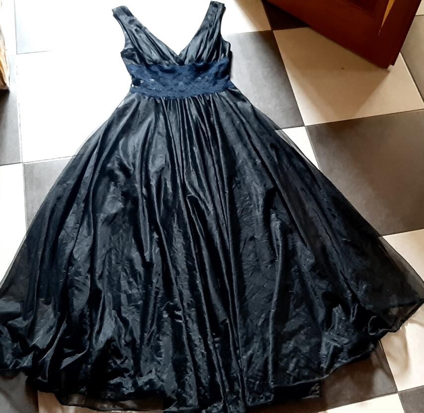 Vintage 80s Black Nylon Peignoir Dress Sexy Guipure Layered Chest 86cm/34″