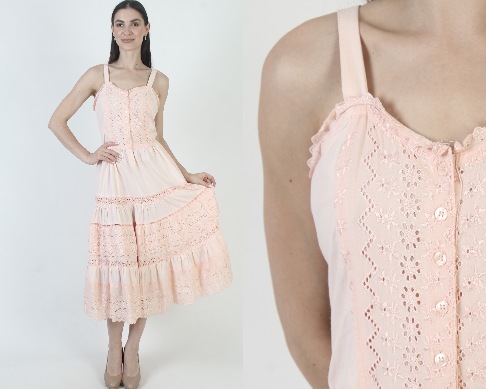 Vtg 70s Starina Paris Dress Embroidered Eyelet Cotton Sweetheart India Sundress