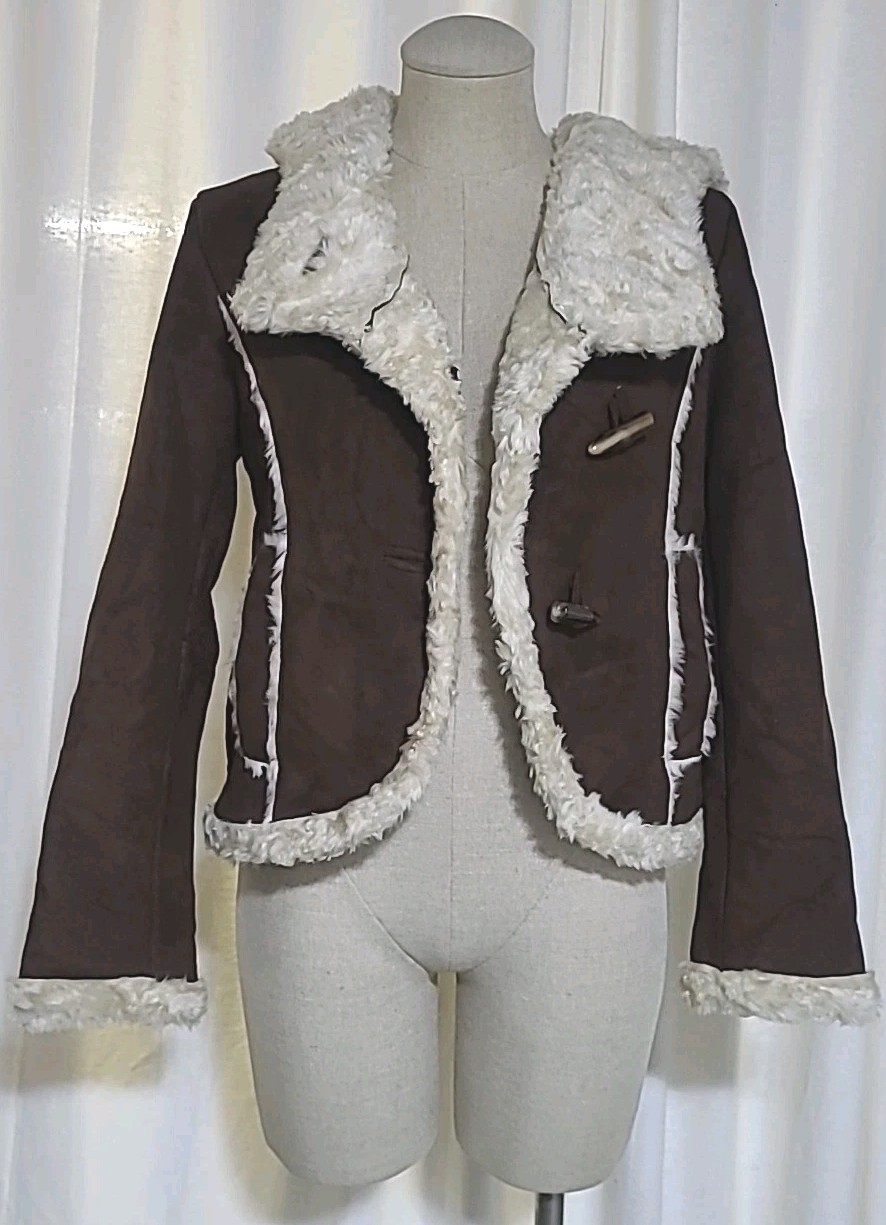 Vintage 90s Y2K Penny Lane Hooded Faux Suede Shearling Xhilaration Coat Jacket S