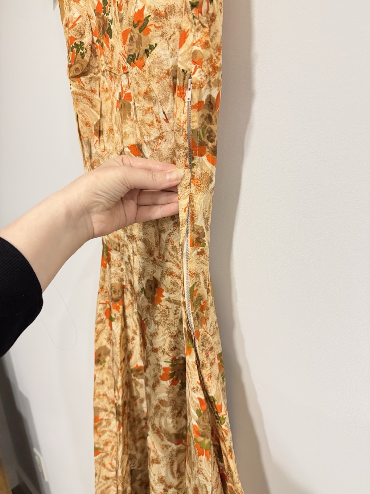 Vintage MCM 50s/60s Handmade Dress Tea Length Earth Tones Floral Fit & Flare XXS