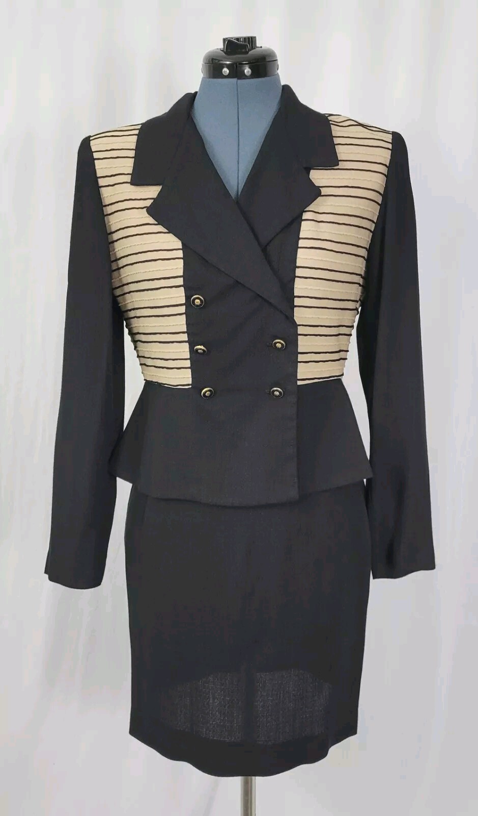 Vintage JSJ Petites Black & Tan 2-Piece Jacket & Skirt Set Size 8P