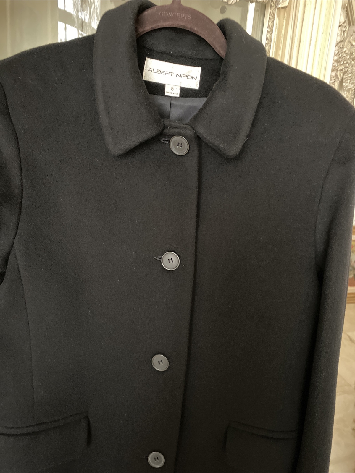 Albert Nipon women’s black coatSZ 8,wool&cashmere blend made in USA pristine