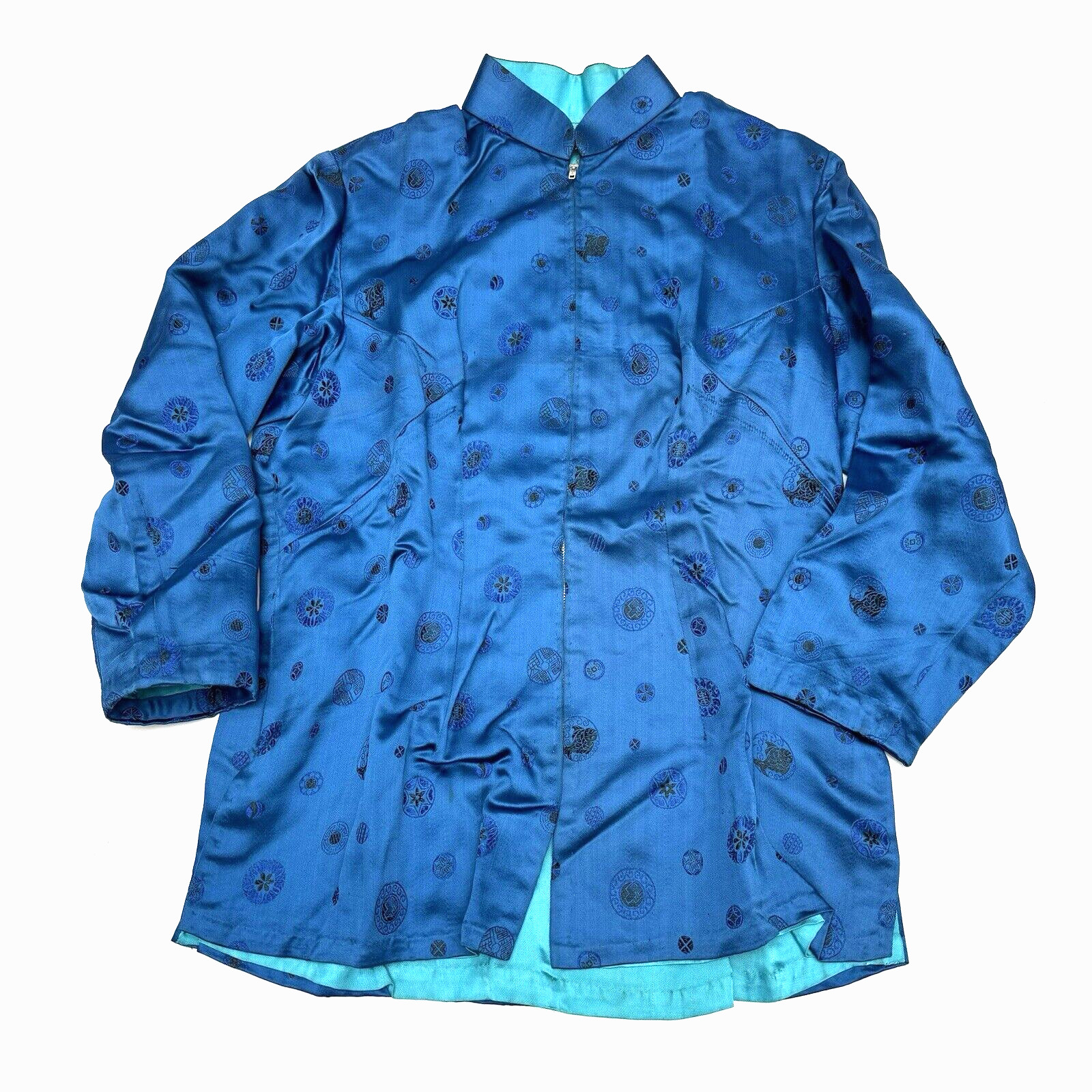 Vintage Asian Traditional Chinese Blue Silk Top Full Zip S/M