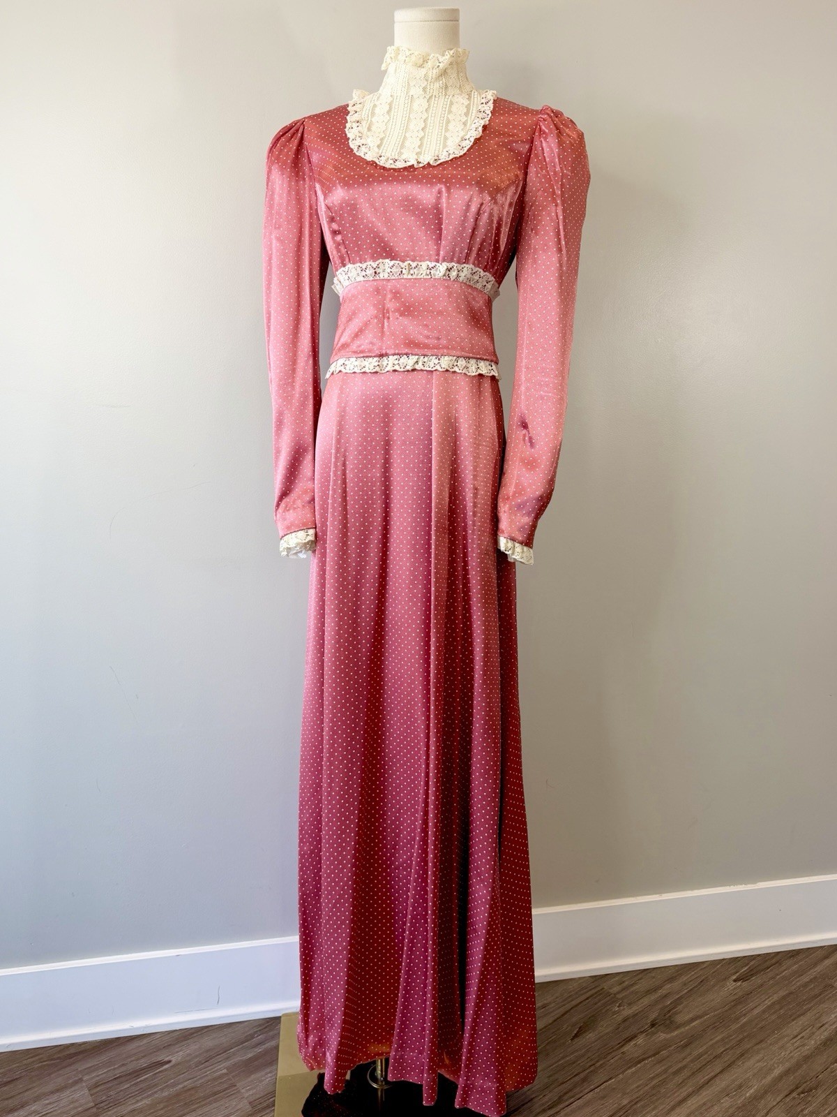 Vintage 1970s Prairie Dress Pink Dot Cottagecore 70s Elegant Edwardian Medium