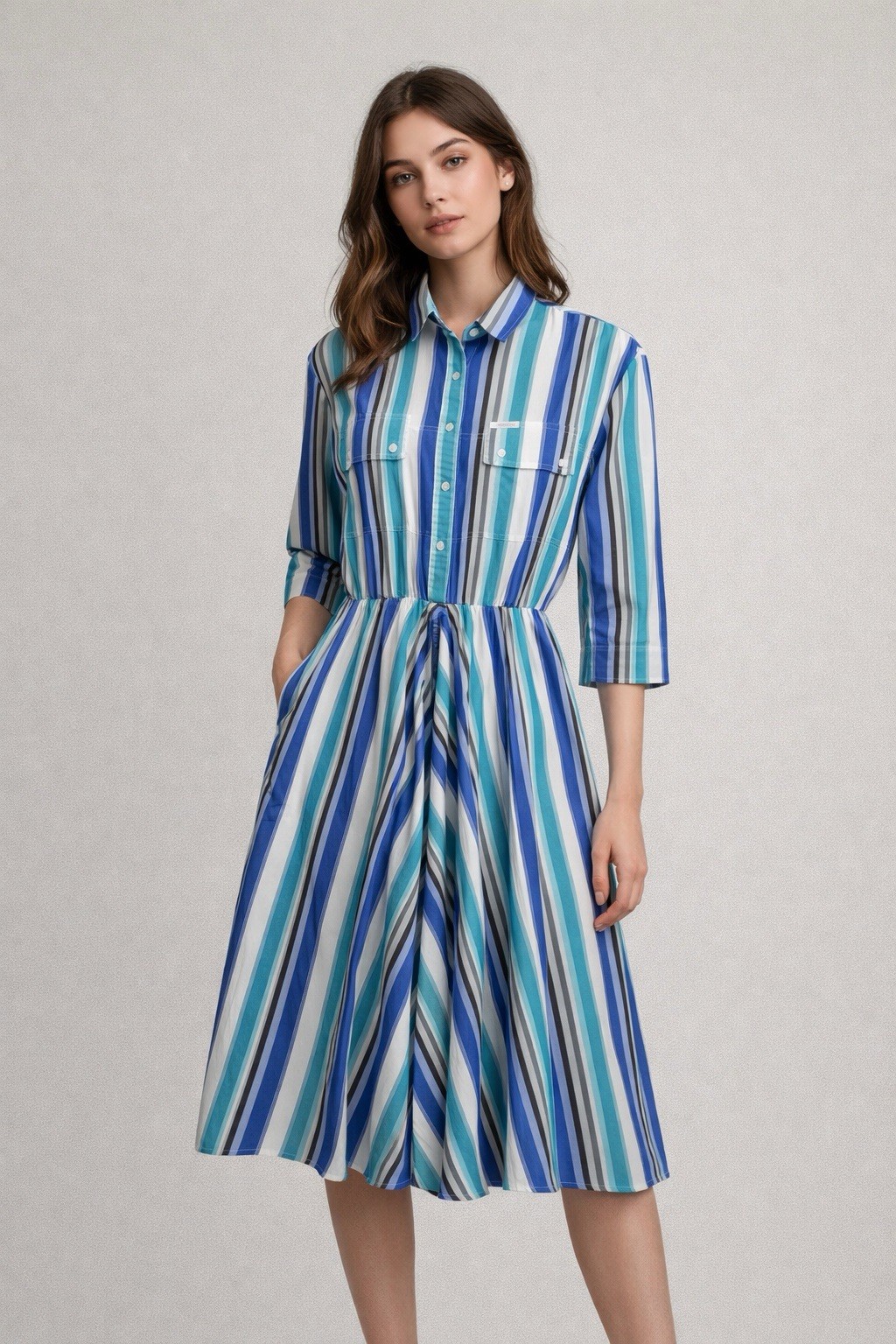 Vintage Cabrais 80s Women’s Sz 14 Colorful Striped Front Button Collared Dress