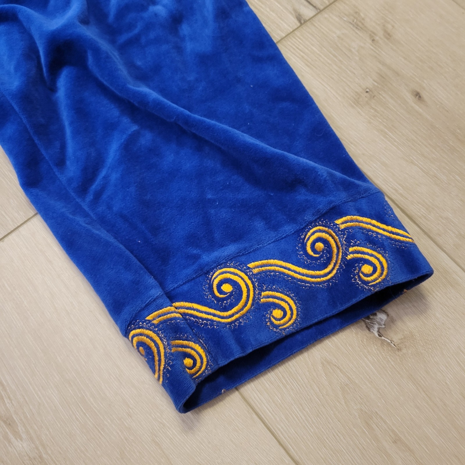VTG Ariel Keyloun Blue Gold Embroider Robe Zip Front House Coat PJ Wear Sz Lg