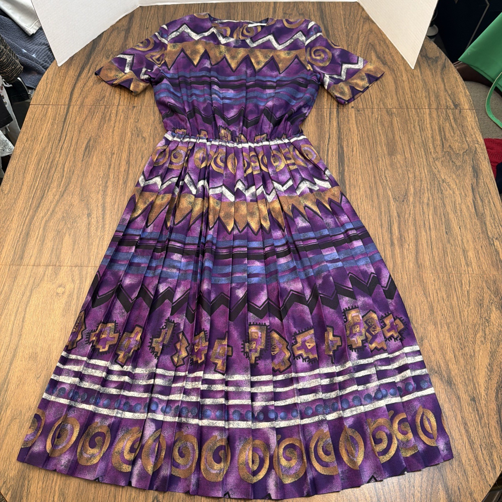 Vintage 90s Terri Ellen Pleated Midi Dress Purple Southwestern Whimsigoth Aztec