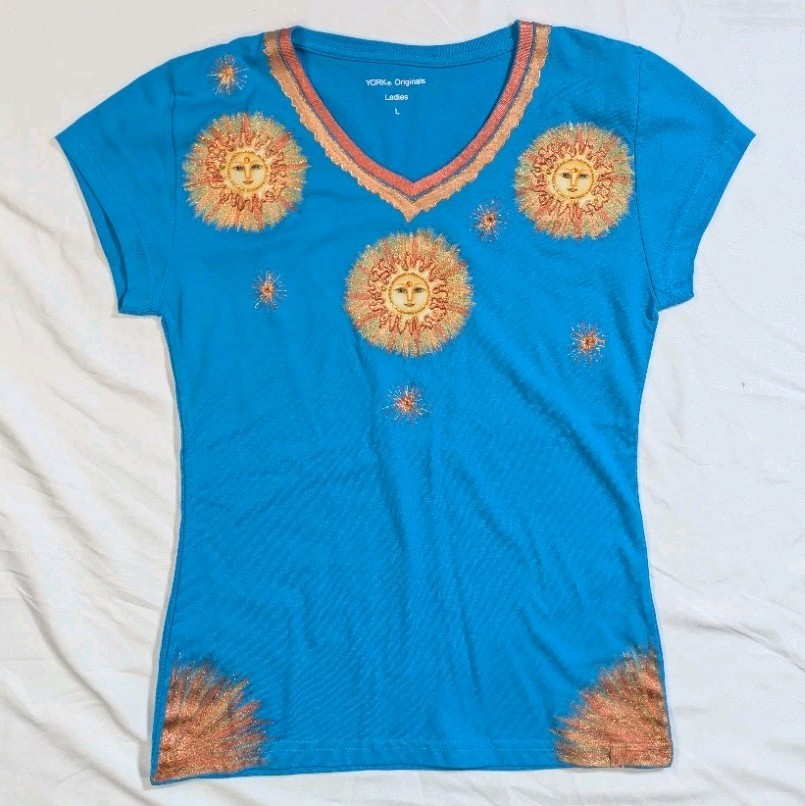 Vintage York Originals Turquoise Blue Handpainted Sun Faces T-Shirt Sz XS READ
