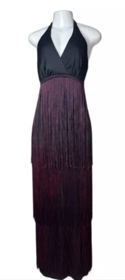 Vintage Womens Jack Hartley 70s Flapper Halter Dress Black/Burgundy Size Sm